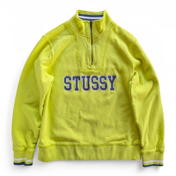 Stussy Contrast Rib Mock Neck Cotton Fleece Sweatshirt Men's Sz M Navy & Lime - Picture 5 of 16